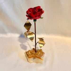 Mid-Century Enameled Brass Red Rose Flower Sculpture on Stone Base